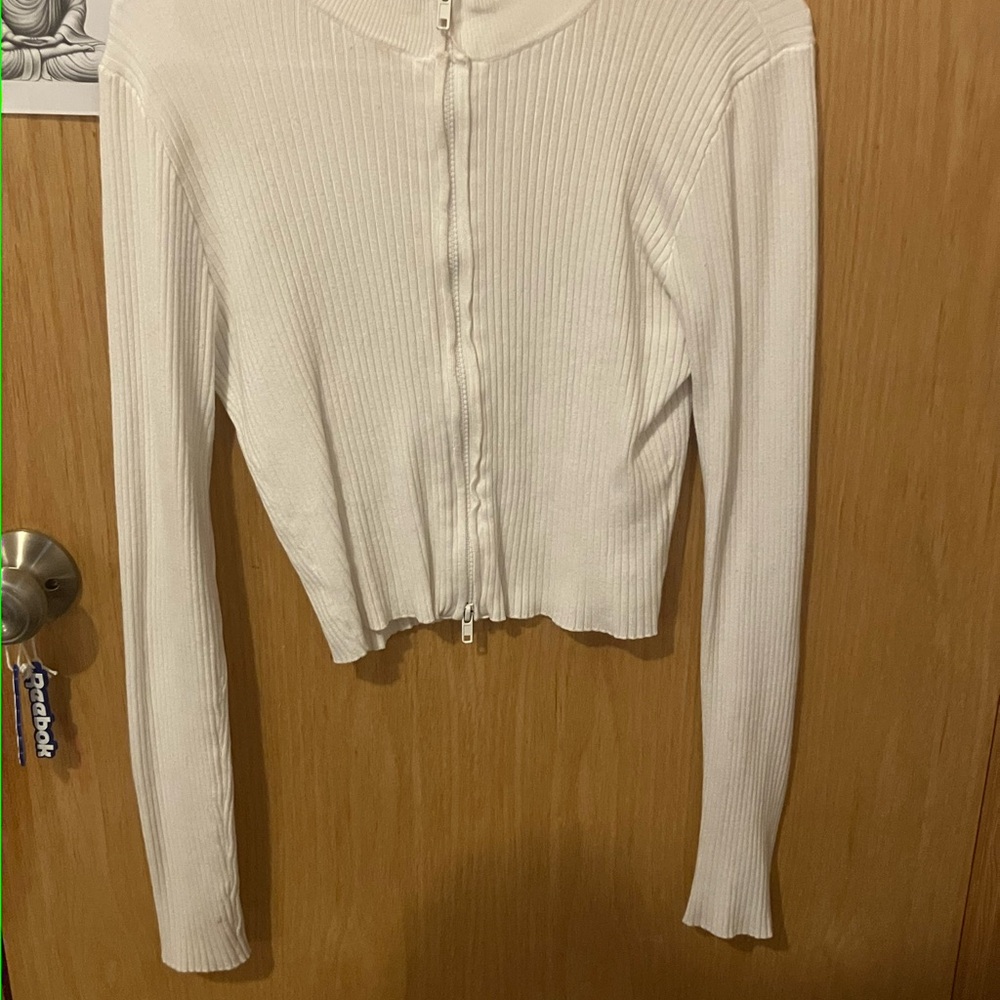 Forever 21 White Ribbed Zip-Up Blouse